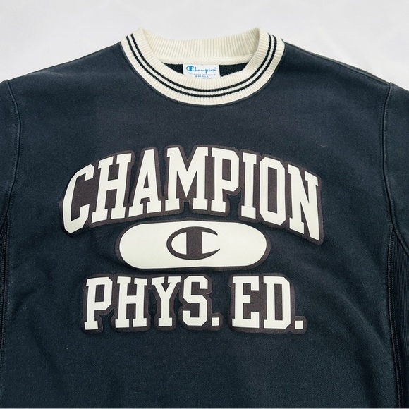 Champion Phys. Ed. Reverse Weave Black & White Collegiate Crewneck Sweatshirt - Picture 2 of 7